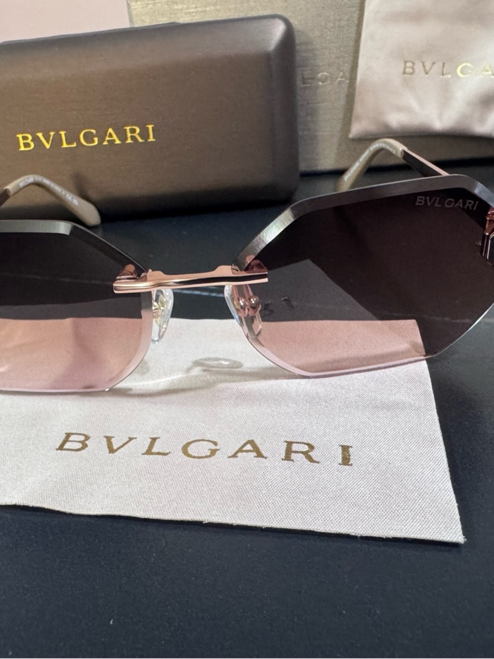 Bulgari Rose-Tint Octagonal Rimless Sunglasses - Picture 15 of 16